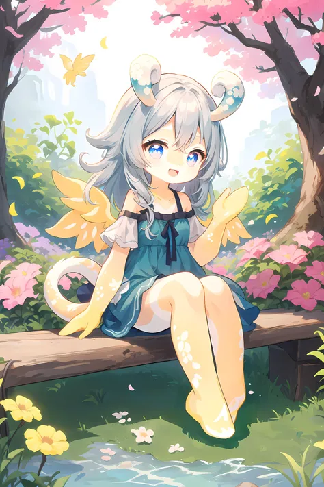 beautiful illustration, best quality, cute girl, nature, tree, plants, flowers, petal, bush, moss, sitting on tree, fairy, fairy wings, silver hair, bare legs, sunlight, (lots of colorful flowers),
(silver hair), (yellow skin:1.3), long hair, happy, blue eyes, open mouth, off-shoulder dress, green dress,
(Melusine), (curly ears), (stubby tail:1.3), <lora:MelusineV2:1.0>