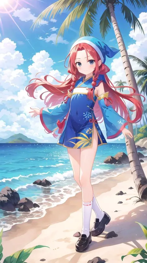 1girl, flat chest, parted bangs, very long hair, red hair, single sidelock, straight hair, forehead, black eyes, chinese clothes, blue clothing, long sleeves, frilled sleeves, wide sleeves, bottomless, china socks, white socks, cloth shoes, black footwear, headscarf, chinese style headscarf, peasant headscarf, blue headscarf, outdoors, day, sky, tree, jungle, coconut trees, rocky shoreline, beach, sand, ocean, island, palm trees, blue water, green foliage, Costa Rica, Latin America, sunlit coast, Isla de Coati, masterpiece, best quality, official art, extremely detailed CG unity 8k wallpaper, artbook, yuzu-soft, kobuichi, muririn,