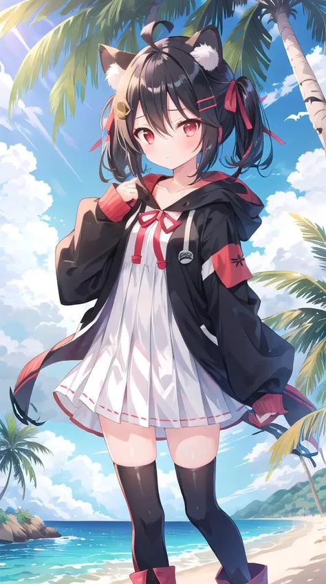1girl, flat chest, short hair, black hair, ahoge, messy hair, payot, twintails, short twintails, animal ears, animal ear fluff, bat ears, bangs, hair between eyes, bat hair ornament, expressionless, empty eyes, red eyes, glowing eyes, white dress, short dress, pleated skirt, hooded jacket, black jacket, open jacket, open clothes, black hood, hood down, long sleeves, wide sleeves, sleeves past wrists, sleeves past fingers, black thighhighs, zettai ryouiki, boots, black footwear, outdoors, day, sky, tree, jungle, coconut trees, rocky shoreline, beach, sand, ocean, island, palm trees, blue water, green foliage, Costa Rica, Latin America, sunlit coast, Isla de Coati, masterpiece, best quality, official art, extremely detailed CG unity 8k wallpaper, artbook, yuzu-soft, kobuichi, muririn,
