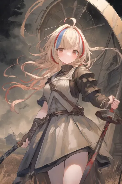 oil painting,portrait of a 1girl in the farm field wind mills, heavy brushstrokes, moody, Rembrandt-style lighting, high contrast, vintage,
((large shield,weapon)),He has a large shield and a weapon.
((short cut))(,blonde-red-hair),((streaked hair)),ahoge,