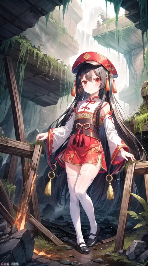 1girl, flat chest, shiny skin, ghost girl, black hair, long hair, bangs, hairpin, traditional clothing, Chinese clothing, traditional Chinese clothing, scholar outfit, Chinese scholar outfit, hat, ancient hat, short skirt, thighhighs, white thighhighs, zettai ryouiki, no shoes, Chinese elements, Chinese accessories, empty eyes, expressionless, pale skin, ethereal glow, tassel ornaments, jade pendant, flowing sleeves, intricate patterns, red ribbon, translucent body, outdoors, abandoned, underground, coal mine, cave, rock, darkness, tunnel, debris, broken equipment, rusty machinery, old tracks, dirt, stone, mine shaft, shadows, wooden beams, rubble, damp, stalactites, dust, narrow passage, forgotten, mining tools, eerie light, collapsed sections, moss, cracks, rust, remnants, industrial, desolate, gloomy, hidden, neglected, masterpiece, best quality, official art, extremely detailed CG unity 8k wallpaper, artbook, <lora:add_detail:0.6>,