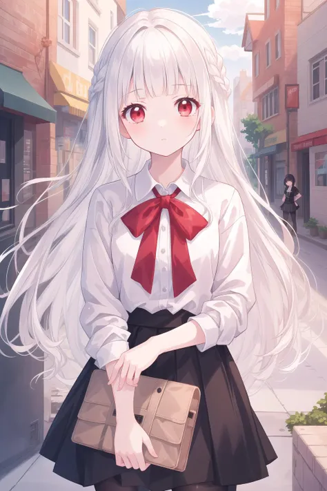 masterpiece, amazing quality, best quality, detailed, absurdres, illustration, game_cg, intricate, an extremely delicate and beautiful,
1 girl, cute, perfect anatomy, red eyes, pettier,
white hair, long hair, blunt bangs,
white shirt, black skirt,
close-up,
street, city,
standing,