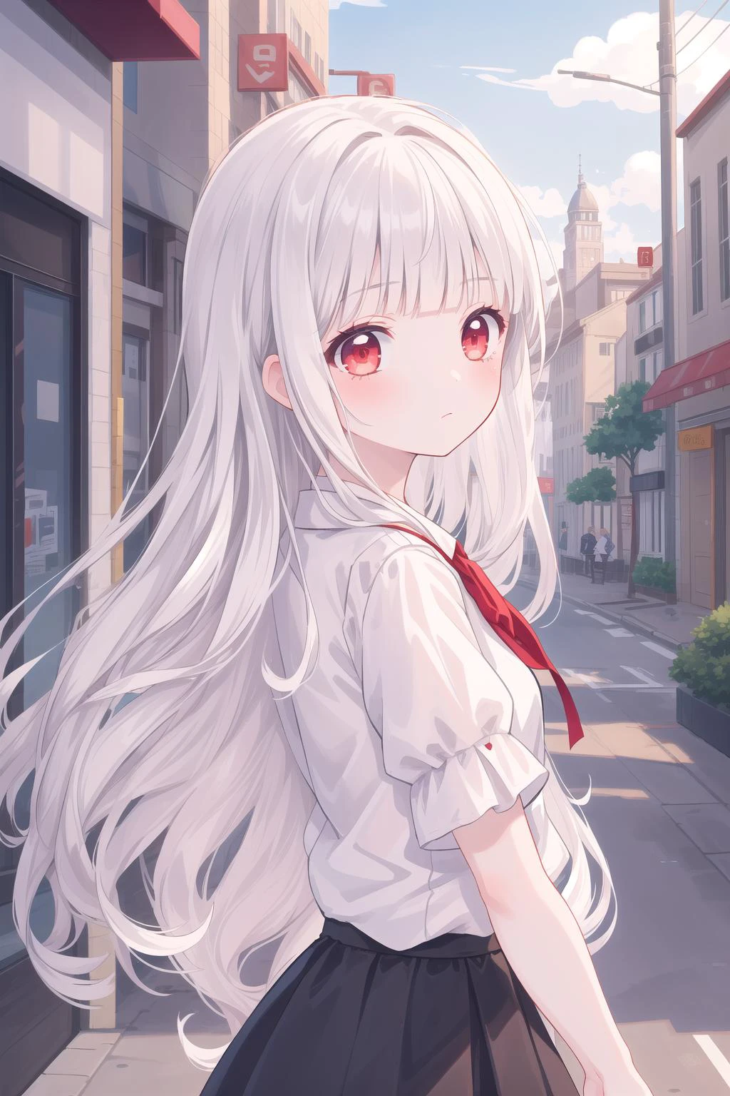 masterpiece, amazing quality, best quality, detailed, absurdres, illustration, game_cg, intricate, an extremely delicate and beautiful,
1 girl, cute, perfect anatomy, red eyes, pettier,
white hair, long hair, blunt bangs,
white shirt, black skirt,
close-up, from side,
street, city,
standing,
