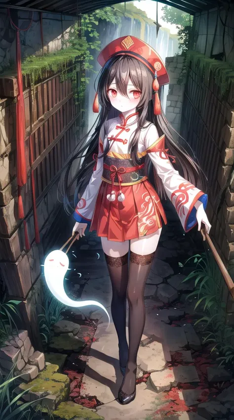 1girl, flat chest, shiny skin, ghost girl, black hair, long hair, bangs, hairpin, traditional clothing, Chinese clothing, traditional Chinese clothing, scholar outfit, Chinese scholar outfit, hat, ancient hat, short skirt, thighhighs, white thighhighs, zettai ryouiki, no shoes, Chinese elements, Chinese accessories, empty eyes, expressionless, pale skin, ethereal glow, tassel ornaments, jade pendant, flowing sleeves, intricate patterns, red ribbon, translucent body, outdoors, abandoned, underground, coal mine, cave, rock, darkness, tunnel, debris, broken equipment, rusty machinery, old tracks, dirt, stone, mine shaft, shadows, wooden beams, rubble, damp, stalactites, dust, narrow passage, forgotten, mining tools, eerie light, collapsed sections, moss, cracks, rust, remnants, industrial, desolate, gloomy, hidden, neglected, masterpiece, best quality, official art, extremely detailed CG unity 8k wallpaper, artbook, <lora:add_detail:0.6>,