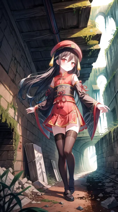 1girl, flat chest, shiny skin, ghost girl, black hair, long hair, bangs, hairpin, traditional clothing, Chinese clothing, traditional Chinese clothing, scholar outfit, Chinese scholar outfit, hat, ancient hat, short skirt, thighhighs, white thighhighs, zettai ryouiki, no shoes, Chinese elements, Chinese accessories, empty eyes, expressionless, pale skin, ethereal glow, tassel ornaments, jade pendant, flowing sleeves, intricate patterns, red ribbon, translucent body, outdoors, abandoned, underground, coal mine, cave, rock, darkness, tunnel, debris, broken equipment, rusty machinery, old tracks, dirt, stone, mine shaft, shadows, wooden beams, rubble, damp, stalactites, dust, narrow passage, forgotten, mining tools, eerie light, collapsed sections, moss, cracks, rust, remnants, industrial, desolate, gloomy, hidden, neglected, masterpiece, best quality, official art, extremely detailed CG unity 8k wallpaper, artbook, <lora:add_detail:0.6>,
