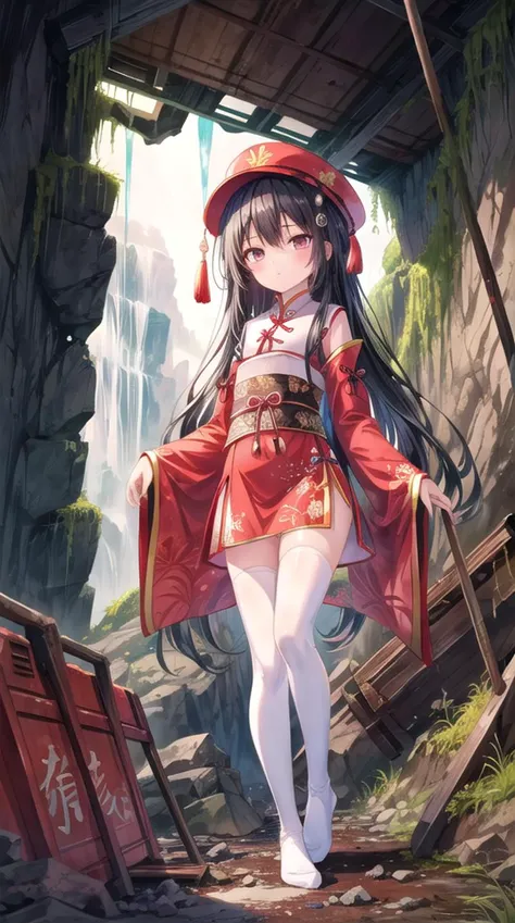 1girl, flat chest, shiny skin, ghost girl, black hair, long hair, bangs, hairpin, traditional clothing, Chinese clothing, traditional Chinese clothing, scholar outfit, Chinese scholar outfit, hat, ancient hat, short skirt, thighhighs, white thighhighs, zettai ryouiki, no shoes, Chinese elements, Chinese accessories, empty eyes, expressionless, pale skin, ethereal glow, tassel ornaments, jade pendant, flowing sleeves, intricate patterns, red ribbon, translucent body, outdoors, abandoned, underground, coal mine, cave, rock, darkness, tunnel, debris, broken equipment, rusty machinery, old tracks, dirt, stone, mine shaft, shadows, wooden beams, rubble, damp, stalactites, dust, narrow passage, forgotten, mining tools, eerie light, collapsed sections, moss, cracks, rust, remnants, industrial, desolate, gloomy, hidden, neglected, masterpiece, best quality, official art, extremely detailed CG unity 8k wallpaper, artbook, <lora:add_detail:0.6>,