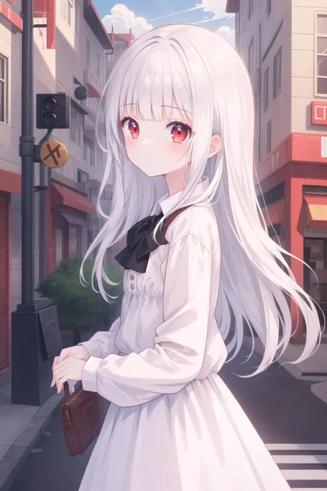 masterpiece, amazing quality, best quality, detailed, absurdres, illustration, game_cg, intricate, an extremely delicate and beautiful,
1 girl, cute, perfect anatomy, red eyes, pettier,
white hair, long hair, blunt bangs,
white shirt, black skirt,
close-up, from side,
street, city,
standing,