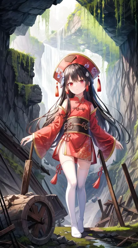 1girl, flat chest, shiny skin, ghost girl, black hair, long hair, bangs, hairpin, traditional clothing, Chinese clothing, traditional Chinese clothing, scholar outfit, Chinese scholar outfit, hat, ancient hat, short skirt, thighhighs, white thighhighs, zettai ryouiki, no shoes, Chinese elements, Chinese accessories, empty eyes, expressionless, pale skin, ethereal glow, tassel ornaments, jade pendant, flowing sleeves, intricate patterns, red ribbon, translucent body, outdoors, abandoned, underground, coal mine, cave, rock, darkness, tunnel, debris, broken equipment, rusty machinery, old tracks, dirt, stone, mine shaft, shadows, wooden beams, rubble, damp, stalactites, dust, narrow passage, forgotten, mining tools, eerie light, collapsed sections, moss, cracks, rust, remnants, industrial, desolate, gloomy, hidden, neglected, masterpiece, best quality, official art, extremely detailed CG unity 8k wallpaper, artbook, <lora:add_detail:0.6>,