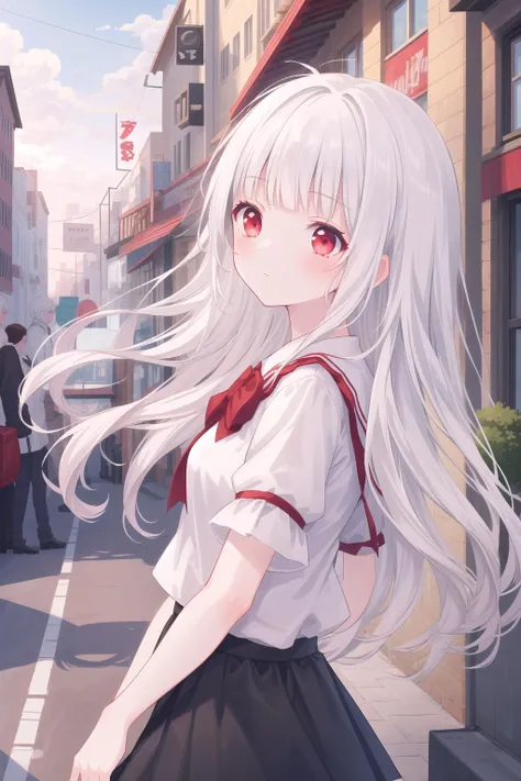 masterpiece, amazing quality, best quality, detailed, absurdres, illustration, game_cg, intricate, an extremely delicate and beautiful,
1 girl, cute, perfect anatomy, red eyes, pettier,
white hair, long hair, blunt bangs,
white shirt, black skirt,
close-up, from side,
street, city,
standing,
