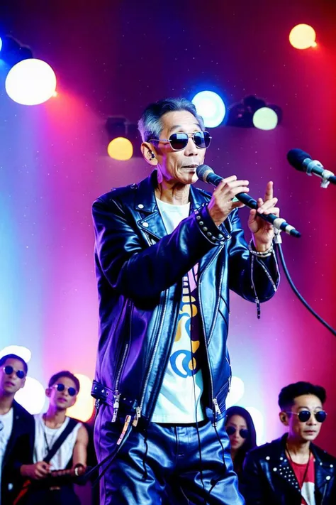 best quality, masterpiece,Concert stage,Neon light background,Studded leather jacket,leather pants,Black sunglasses,Vertical microphone,old men,<lora:masanli:0.8>