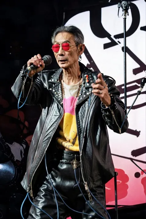 best quality, masterpiece,Concert stage,Neon light background,Studded leather jacket,leather pants,Black sunglasses,Vertical microphone,old men,<lora:masanli:0.8>