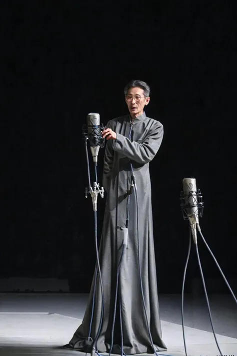 best quality, masterpiece,Grey background,Crosstalk gown,full body,Vertical microphone,looking at viewer, old men,<lora:masanli:0.8>