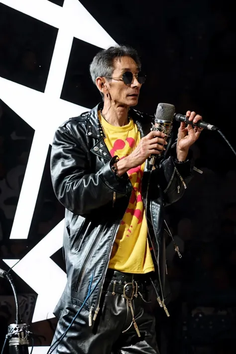 best quality, masterpiece,Concert stage,Neon light background,Studded leather jacket,leather pants,Black sunglasses,Vertical microphone,old men,<lora:masanli:0.8>