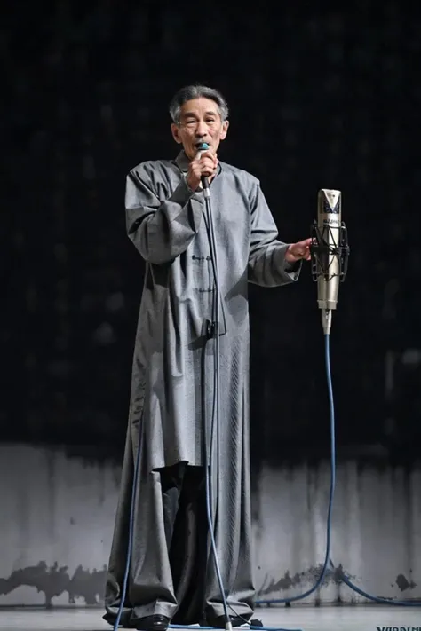 best quality, masterpiece,Grey background,Crosstalk gown,full body,Vertical microphone,looking at viewer, old men,<lora:masanli:0.8>