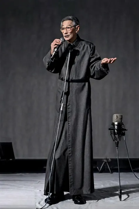 best quality, masterpiece,Grey background,unlined long gown,full body,Vertical microphone,looking at viewer, glasses,old men,<lora:masanli:0.8>