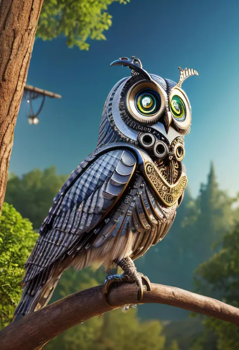 digital painting of an ((intricate ornate):1.2) (((mechanical:1.03) (robotic:0.65) (steampunk:0.93)) gray owl bird), looking at viewer, ((perched on the branch of a tree in the forest)), ((owl eyes):0.42), (steampunk feathers),(mechanical wings), ((detailed mechanical (metallic) claws)), (extremely detailed big cyberpunk eyes), starry sky, ((one) crescent moon (high in sky)), (3d style:0.42), (bokeh:0.3), ultra realistic, sharp focus, colorful, intricate, sharp details, highly detailed, rich color, HDR, 8K, (masterpiece, concept art), high quality