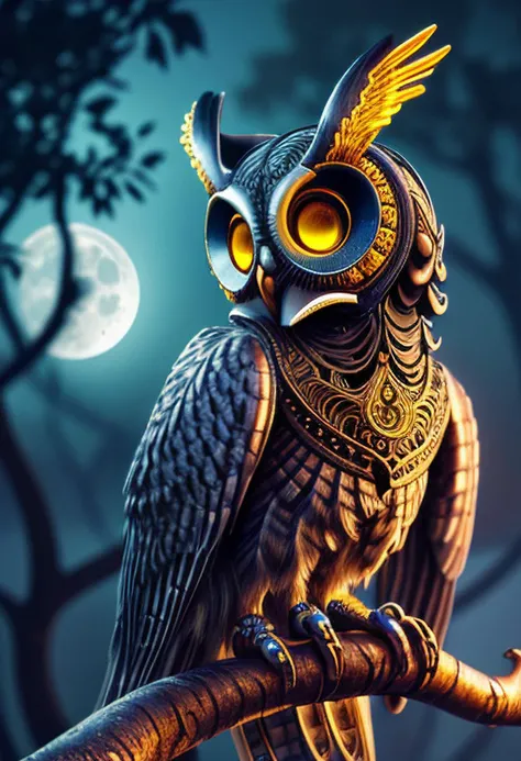 digital painting of an ((intricate ornate):1.42) (((mechanical:1.03) (robotic:0.72) (steampunk:0.97)) gray owl bird), looking at viewer, ((perched on the branch of a tree in the forest)), ((owl eyes):0.42), ((steampunk cybernetic feathers)),(mechanical wings), ((detailed mechanical (metallic) claws)), (extremely detailed big cyberpunk eyes), (((starry sky:0.5), darkness, (high contrast:0.7))), ((one) crescent moon (high in sky)), (3d style:0.42), (bokeh:0.3), ultra realistic, sharp focus, (moonlight lightning), colorful, intricate, sharp details, highly detailed, ((dark)), rich color, HDR, 8K, (masterpiece, concept art), high quality