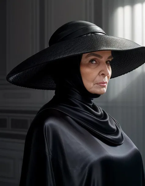 digital portrait of Gaius Helen Mohiam of the Bene Gesserit, an (old:0.56) woman, black hijab, long silk veil, wrinkles, good body figure, by cedric peyravernay and thomas kinkade, amazing details, dramatic lighting, (fat:0.35), ((big expresive eyebrows):1.12), short gray hair tied, (((gray eyes))), (Silvana Mangano:0.29), (Charlotte Rampling:0.79), ((white skin)), very intelligent, (elegant ornated silk dress), standing, (elegant hat), ((serious):0.8), ((wide brimmed hat, black silk and leather):1.47), black silk elegant dress, (fierce eyes, concentrated gaze), dark light, ((dark force sith):0.73), interior of a palace, semi-dark, stone, 4k. vivid light, high angle view. (centered image), isometric perspective on the bottom. atmospheric lighting, trending on artstation, octane render