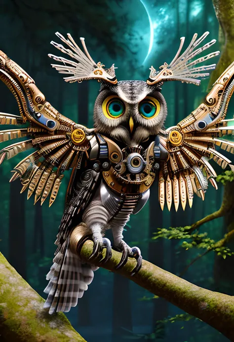 digital painting of an intricate ornate (((mechanical:1.21) (robotic:0.51) (steampunk:0.73)) gray owl bird), looking at viewer,  in the dark, ((perched on the (((made of wood):0.17) branch of a tree) in the forest)), ((extended:0.73) mechanical wings), (detailed mechanical claws), (((extremely detailed big eyes))), (((starry sky:0.5), darkness, (high contrast:0.7))), ((one) (((crescent ((moon))):0.77) (high in sky)):1.07), (3d style:0.42), (bokeh:0.3), ultra realistic, sharp focus, (colorful:0.9), intricate, sharp details, highly detailed, rich color, HDR, 8K, (masterpiece, concept art), high quality