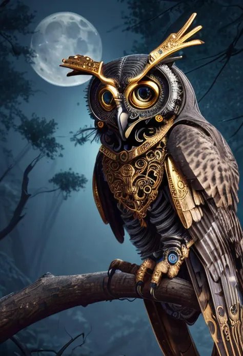 digital painting of an ((intricate ornate):1.42) (((mechanical:1.03) (robotic:0.72) (steampunk:0.97)) gray owl bird), looking at viewer, ((perched on the branch of a tree in the forest)), ((owl eyes):0.42), ((steampunk cybernetic feathers)),(mechanical wings), ((detailed mechanical (metallic) claws)), (extremely detailed big cyberpunk eyes), (((starry sky:0.5), darkness, (high contrast:0.7))), ((one) crescent moon (high in sky)), (3d style:0.42), (bokeh:0.3), ultra realistic, sharp focus, (moonlight lightning), colorful, intricate, sharp details, highly detailed, ((dark)), rich color, HDR, 8K, (masterpiece, concept art), high quality