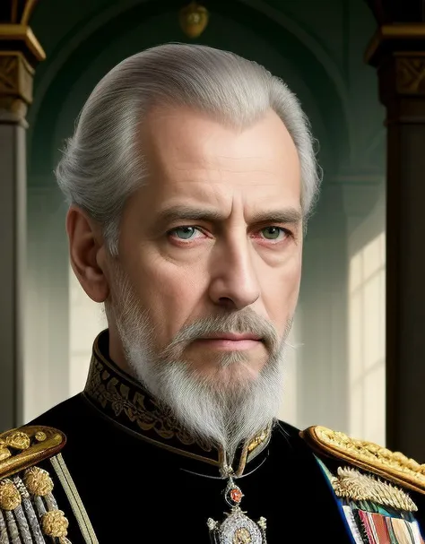 digital portrait of Padishah Emperor Shaddam IV of House Corrino, (Christopher Lee:0.493), (Frank Langella:0.1297), (John Hurt :0.5927), (Charles Dance:0.05197), illustration by cedric peyravernay and thomas kinkade, amazing details, dramatic lighting, intelligent eyes, glare, slim and tall, gray hair, ((very old man)), (a goatee beard), (decrepit old:0.71), a bit bald, fine dress, (((gray pallid green eyes))), dark blue military uniform, shoulder pads, interior of a palace, semi-dark, gold, intricate ornaments, 4k. vivid light, high angle view. centered image, isometric perspective on the bottom. atmospheric lighting, trending on artstation, octane render