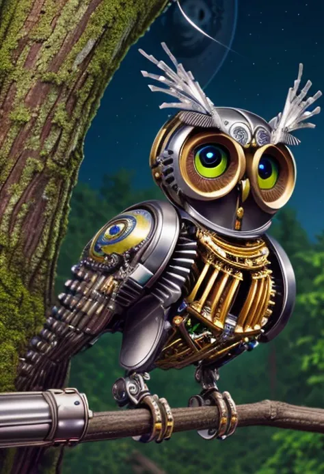 digital painting of an intricate ornate (((mechanical:1.42) (robotic:0.67) (steampunk:0.93)) gray owl bird), looking at viewer,  in the dark, ((perched on the (((made of wood):0.17) branch of a tree) in the forest)), (mechanical wings), (detailed mechanical claws), (((extremely detailed big eyes))), (((starry sky:0.5), darkness, (high contrast:0.7))), ((one) (((crescent ((moon))):0.81) (high in sky)):1.07), (3d style:0.42), (bokeh:0.3), ultra realistic, sharp focus, (colorful:0.9), intricate, sharp details, highly detailed, rich color, HDR, 8K, (masterpiece, concept art), high quality