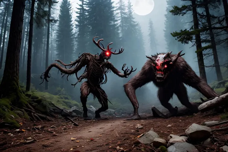 Horror masterpiece, best quality, (action shot, movement blur), combat, greg rutkowski, (focus on terrifying large wendigo roaring, large size difference), fantasy, people fighting it, dark winter night, forest deep dark woods, massive ancient trees, battle, scenery, mountain, outdoors, multiple people, injured people on the ground, (blood splatter flying through the air), trail of carnage, (indirect) moonlight, very detailed, high resolution, sharp, sharp image, 4k, 8k,