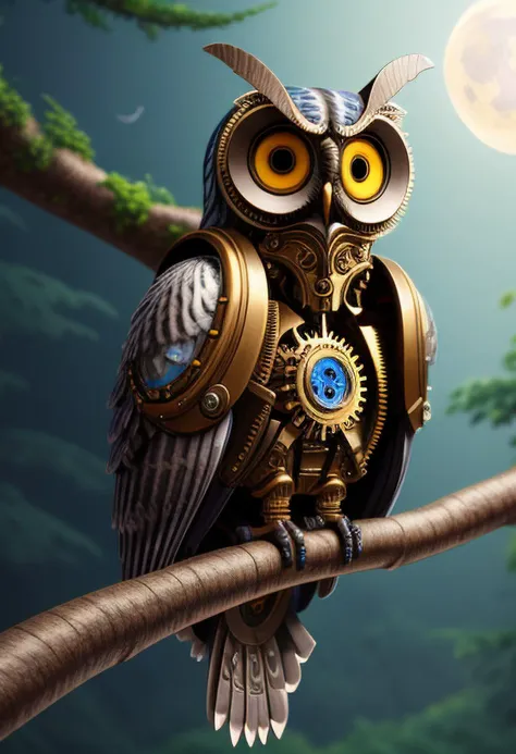 digital painting of an intricate ornate (((mechanical) (robotic:0.13) steampunk) gray owl bird), looking at viewer, ((perched on the branch of a tree in the forest)), (mechanical wings), (mechanical claws), (extremely detailed big eyes), starry sky, ((one) crescent moon (high in sky)), (3d style:0.42), (bokeh:0.3), ultra realistic, sharp focus, (moonlight lightning), colorful, intricate, sharp details, highly detailed, ((dark)), rich color, HDR, 8K, (masterpiece, concept art), high quality