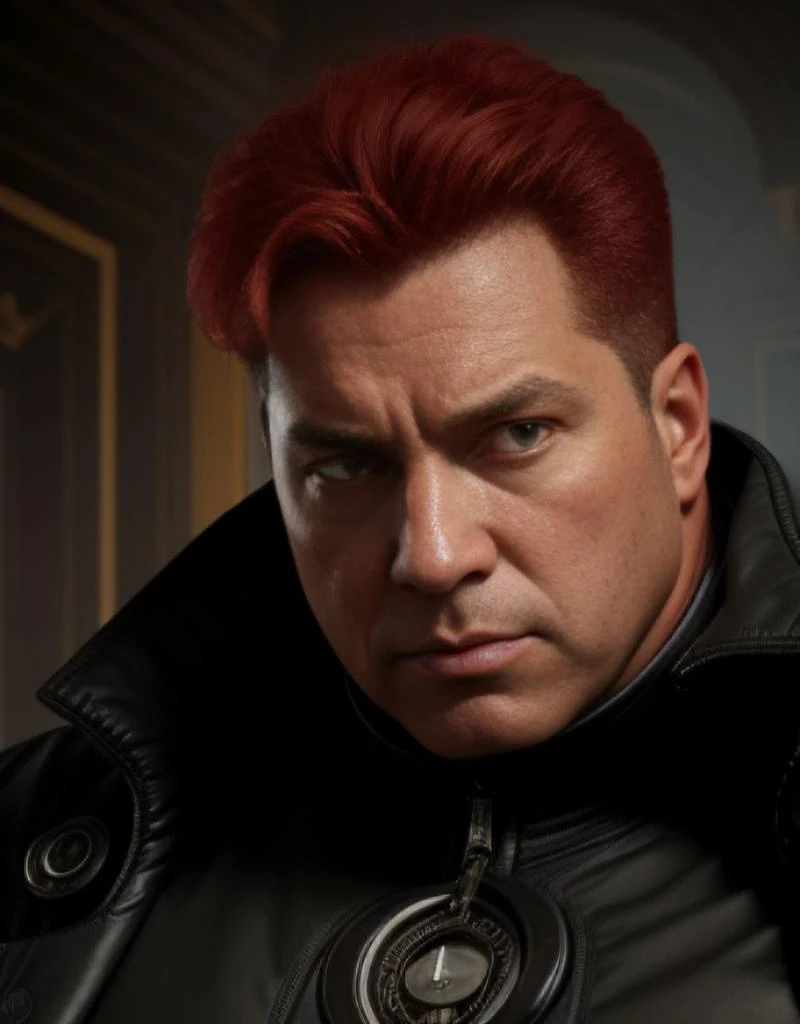 digital portrait of Glossu Rabban of House Harkonnen, close-up view, by cedric peyravernay and thomas kinkade, amazing details, dramatic lighting, strong, (very short red hair), (warrior:0.6), (slightly bald:0.75), mature man, (Dave Bautista:0.77), (Gollum:0.2), very athletic body, ((serious)), leather jacket, (fat:0.77), ((cruel eyes, angry)), dark light, (brutal look), ((coat of mail):0.4), interior of a palace, semi-dark, stone, 4k. vivid light, high angle view. centered image, isometric perspective on the bottom. atmospheric lighting, trending on artstation, octane render