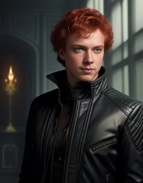 digital portrait of Feyd-Rautha of House Harkonnen, by cedric peyravernay and thomas kinkade, amazing details, dramatic lighting, slim, very short red hair, (warrior:0.5), very young man, (Mick Jagger:0.77), athletic body, ((condescending smile)), leather jacket, (fierce eyes, angry), dark light, ((bare chest):0.23), ((coat of mail):0.3), interior of a palace, semi-dark, stone, 4k. vivid light, high angle view. centered image, isometric perspective on the bottom. atmospheric lighting, trending on artstation, octane render