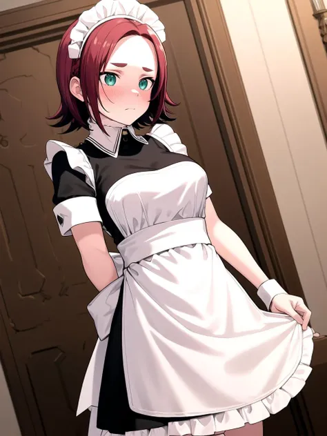 masterpiece, best quality, 1girl, solo, dsmedina, red hair, short hair, green eyes, medium breasts, (maid, maid apron, maid headdress:1.1), embarrassed, standing, indoors, luxury mansion, detailed background, cowboy shot
<lyco:dsmedina_lc_768:1>