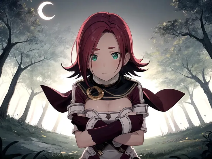 masterpiece, best quality, 1girl, solo, dsmedina, red hair, short hair, green eyes, medium breasts, cape, cleavage, thighhigh boots, serafuku, earrings, object hug,w arms, Moonlit Swamp,Clear sky with a crescent moon, eerie atmosphere, twisted trees, creepy feeling, pov,portrait
<lyco:dsmedina_lc_768:1>