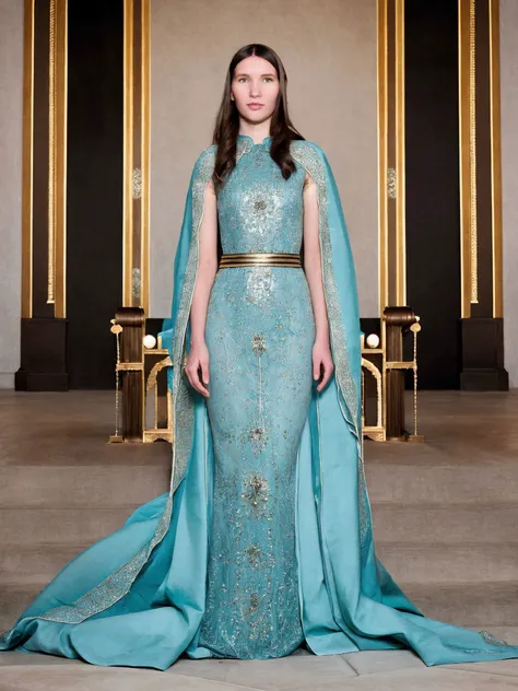 <lora:ArielTylor_SD15_v1.1:1> ArielTylor  full format cinematic (full body) In a far-off kingdom, a beautiful ((ohwx woman)) named Eira has been appointed to the royal court. Eira wears a regal gown, complete with intricate embroidery and a shimmering train that seems to flow behind her like a river of gold. She stands amidst a grand throne room, her eyes gazing out at the viewer with a hint of authority.
In this cinematic photo, Eira's gown is adorned with intricate, hand-painted details that seem to shimmer and glow in the light. The atmosphere is formal and regal, as if Eira is about to take her place on the throne. The lighting is bold and dramatic, with sharp shadows and highlights that accentuate her royal presence.. (nude:-1) (topless:-1)