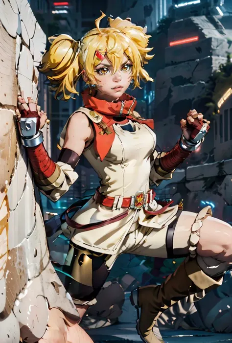 (masterpiece, best quality), 1girl,    <lora:OikLORA:0.8> 1girl, solo, twin tails, blond hair, hair in between eyes, boots, gloves, gaunlets, gold eyes, hair ornament, ahoge, fingerless gloves, white sleevesless jacket, elbow gloves, bike shorts,