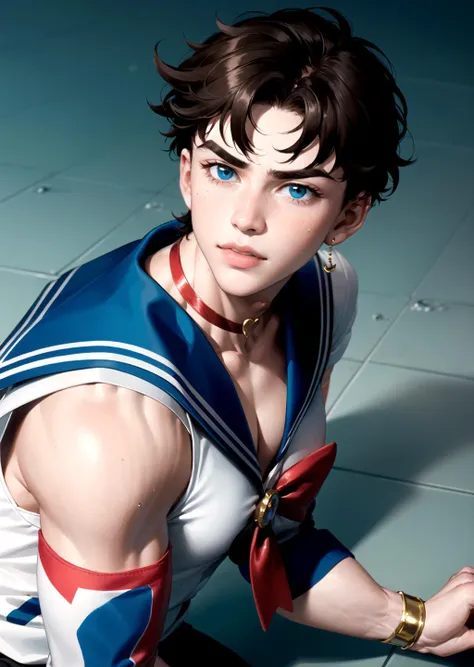 masterpiece, best quality, joseph joestar, muscular male, brown hair, <lora:jojo_joseph_joestar:0.8>, Beautiful Art Style, 1girl, young woman, commander, ancient, prison, pinching sleeves, <lora:SailorMoonRedrawChallengeMeme:0.8> IncrsSMRCMeme, sailor moon \(cosplay\),