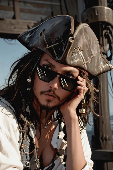 Highly detailed, High Quality, Masterpiece, beautiful, IncrsSMRCMeme, <lora:SailorMoonRedrawChallengeMeme:1>, jack sparrow, hat, brown hair, earrings, hat, pirate, jewelry, shirt, short hair, white shirt, <lora:Char_Sigmas_JackSparrow:1>, DealWithIt, sunglasses, <lora:Outfit_DealWithIt:1>