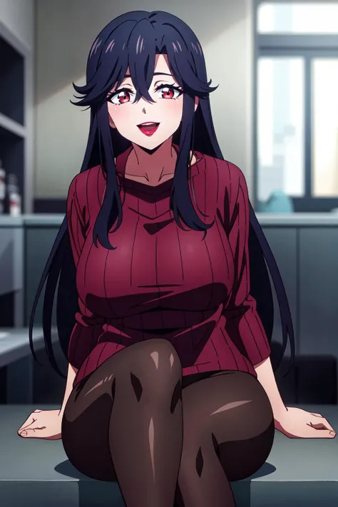 masterpiece, perfect lighting, (beautiful, best quality:1.3), perfect eyes, absurdres, 8k,
1girl, solo, (absurdres), finely detail,
<lora:Saori Ohtori V1:0.6>, long hair, saori_ohtori, black hair, , red eyes, smile, hair between eyes, large breasts, long legs, skinny, (lipstick:1.1), :d,
(red ribbed sweater:1.1), black shirt, pantyhose,