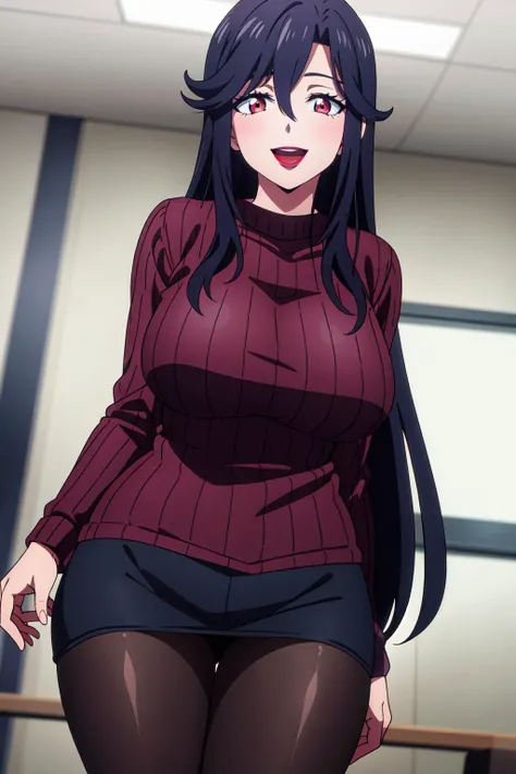 masterpiece, perfect lighting, (beautiful, best quality:1.3), perfect eyes, absurdres, 8k,
1girl, solo, (absurdres), finely detail,
<lora:Saori Ohtori V1:0.6>, long hair, saori_ohtori, black hair, , red eyes, smile, hair between eyes, large breasts, long legs, skinny, (lipstick:1.1), :d,
(red ribbed sweater:1.1), black shirt, pantyhose,