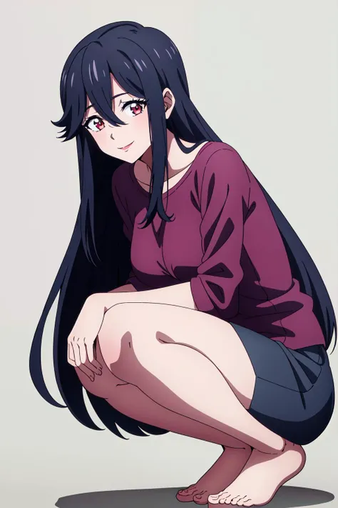 masterpiece, perfect lighting, (beautiful, best quality:1.3), perfect eyes, absurdres, 8k,
1girl, solo, (absurdres), finely detail,
<lora:Saori Ohtori V1:0.6>, long hair, saori_ohtori, black hair, , red eyes, smile, hair between eyes, medium breasts, long legs, skinny, smile,
white background, simple background, official art, (squatting:1.1)