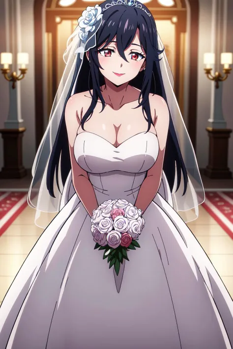 masterpiece, perfect lighting, (beautiful, best quality:1.3), perfect eyes, absurdres, 8k,
1girl, solo, (absurdres), finely detail,
<lora:Saori Ohtori V1:0.6>, long hair, saori_ohtori, black hair, , red eyes, smile, hair between eyes, large breasts, long legs, skinny, smile,
dress, (wedding dress:1.2),