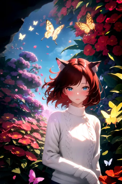 masterpiece, best quality, highres, 1girl, solo,
rim lighting, flowers, petals, abstract, cave, butterfly, vegetation,
raifu, dark red hair, blue eyes, straight hair, cat ears, 
white sweater, (medium breasts:0.8), mature female, blush,