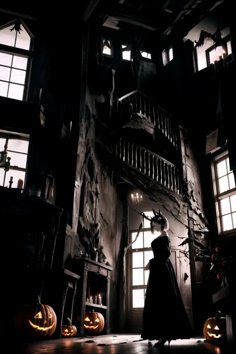 a girl in a Halloween costume, standing in front of a haunting house adorned with eerie decorations. The girl's costume is inspired by the mystical and macabre, with dark colors, flowing fabric, and intricate details. She holds a carved pumpkin, its flickering candle casting an eerie glow on her face. The haunting house behind her is dilapidated, with broken windows and overgrown vines, creating a spooky atmosphere. Shot with a Sony A7 III, Fujifilm Velvia 50 film, 35mm lens, capturing the haunting beauty of the scene with rich colors and sharp details.