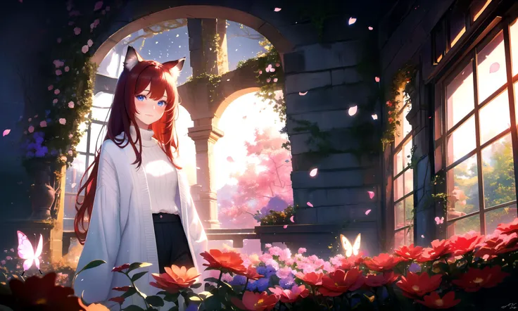 masterpiece, best quality, highres booru, 1girl, solo, abstract,
scenery, depth of field, rim lighting, flowers, petals, butterfly, vegetation, aura, magic,
BREAK
raifu, dark red hair, straight hair, blue eyes, cat ears,
(medium breasts:0.8), mature female, white sweater, blush, slight smile,