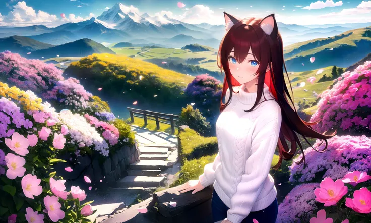 masterpiece, best quality, highres, 1girl, solo,
scenery, flowers, petals, mountainous horizon,
raifu, dark red hair, blue eyes, straight hair, cat ears, blush,
(medium breasts:0.8), mature female, white sweater,