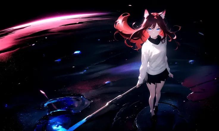 (masterpiece, best quality, highres), 1girl, solo, abstract, full body, pov,
dark background, pitch black background, rim lighting, soul lights, empty space,
BREAK
raifu, dark red hair, blue eyes, straight hair, cat ears,
medium breasts, mature female, white sweater,