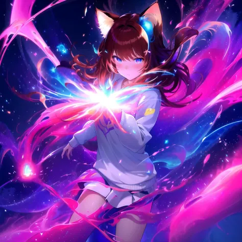 (masterpiece, best quality, highres), anime art style, pixiv, 1girl, solo,
supernova, abstract, abstract background, (bloom, swirling lights, light particles),
fire, galaxy, floating, romanticized, blush, looking at viewer,
dark red hair, blue eyes, straight hair, cat ears,
medium breasts, mature female, white sweater,