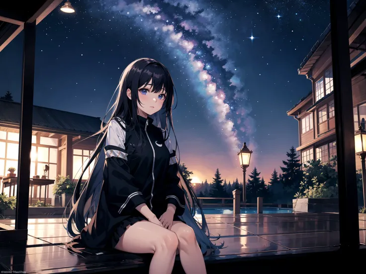 (masterpiece, best quality, highres), ((1girl, (mature female) long hair)), (stargazing), (starry sky),