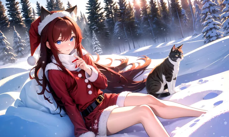 (masterpiece, best quality, highres), 1girl, solo, pov, snow, forest, christmas,
raifu, dark red hair, blue eyes, straight hair, cat ears, blush, santa hat,
(medium breasts:0.8), mature female, santa costume, full body,