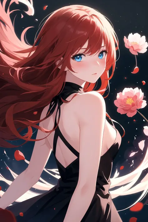 (masterpiece, best quality, highres), (1girl, mature female, red hair, long hair, blue eyes, black dress, medium breasts), (looking at viewer, blush, floating, upper body, looking back, sideboob), (light particles, petals, floating object, abstract, abstract background),