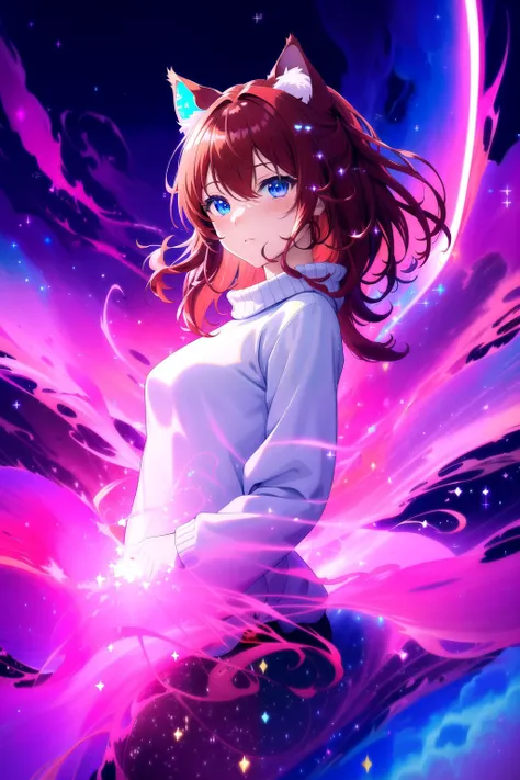 (masterpiece, best quality, highres), anime art style, pixiv, 1girl, solo,
supernova, abstract, abstract background, (bloom, swirling lights, light particles),
fire, galaxy, floating, romanticized, blush, looking at viewer,
dark red hair, blue eyes, straight hair, cat ears,
medium breasts, mature female, white sweater,